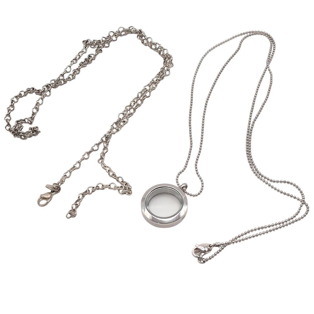 Origami Owl Round Floating Locket Ball and Heart Link Chain Set Necklaces 30in